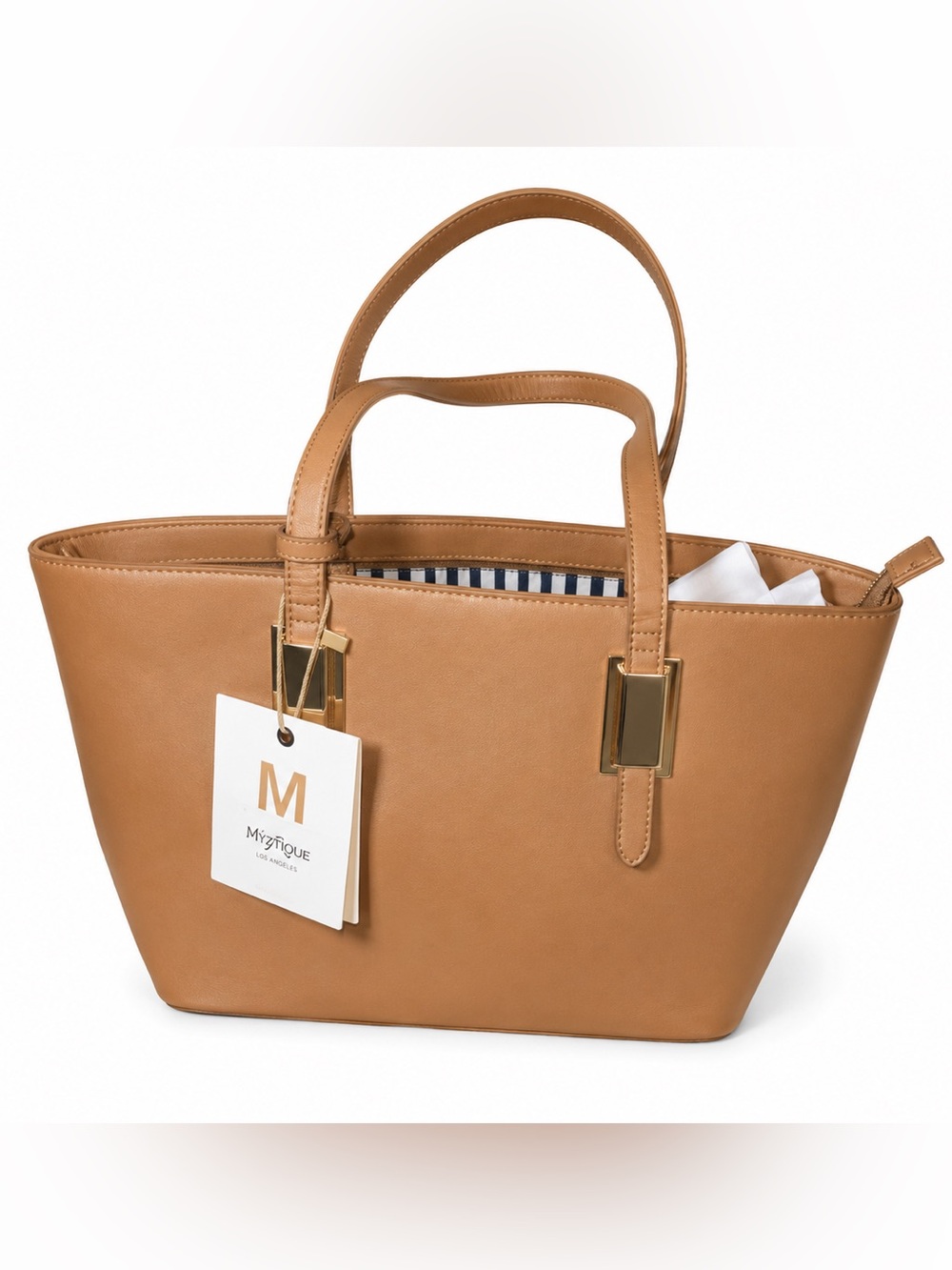 Myztique Camel Vegan Leather Handbag | Top Handle Shoulder Bag | Striped